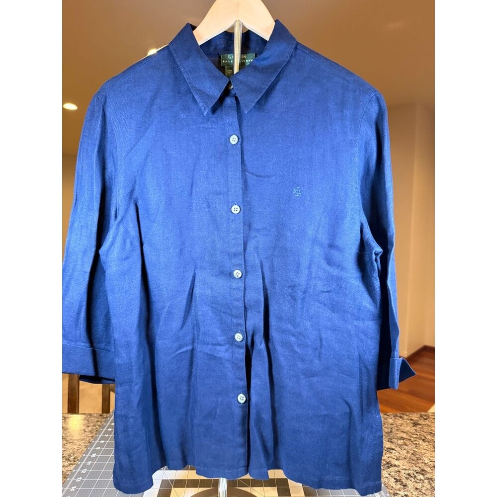Lauren Ralph Lauren Women's L 100% Linen Navy Herringbone Button Front Shirt